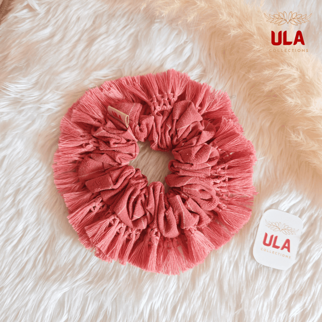Cotton linen with dusty pink fringe scrunchie