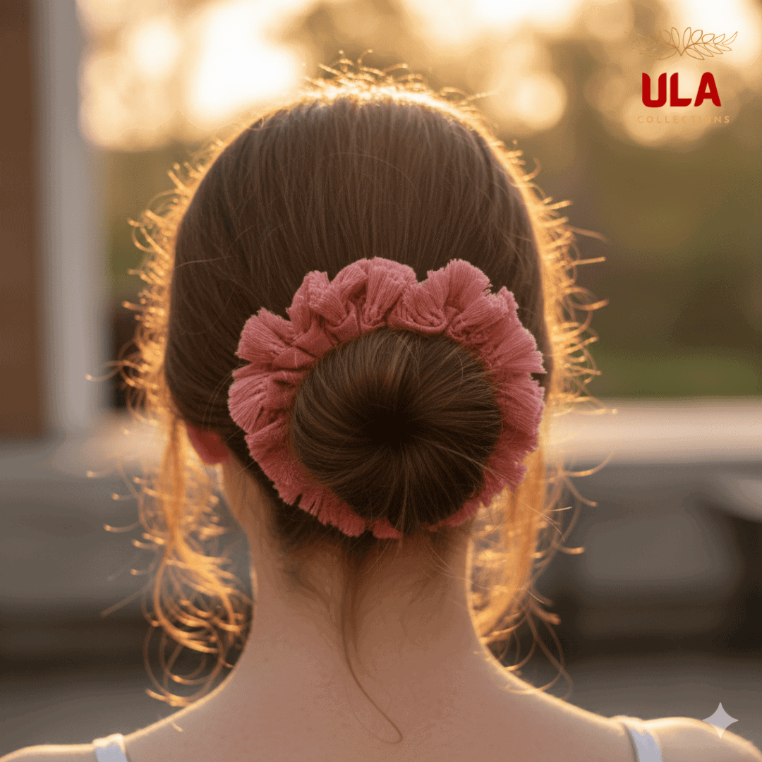 hair bun wrapped in a cotton linen with dusty pink fringe scrunchie