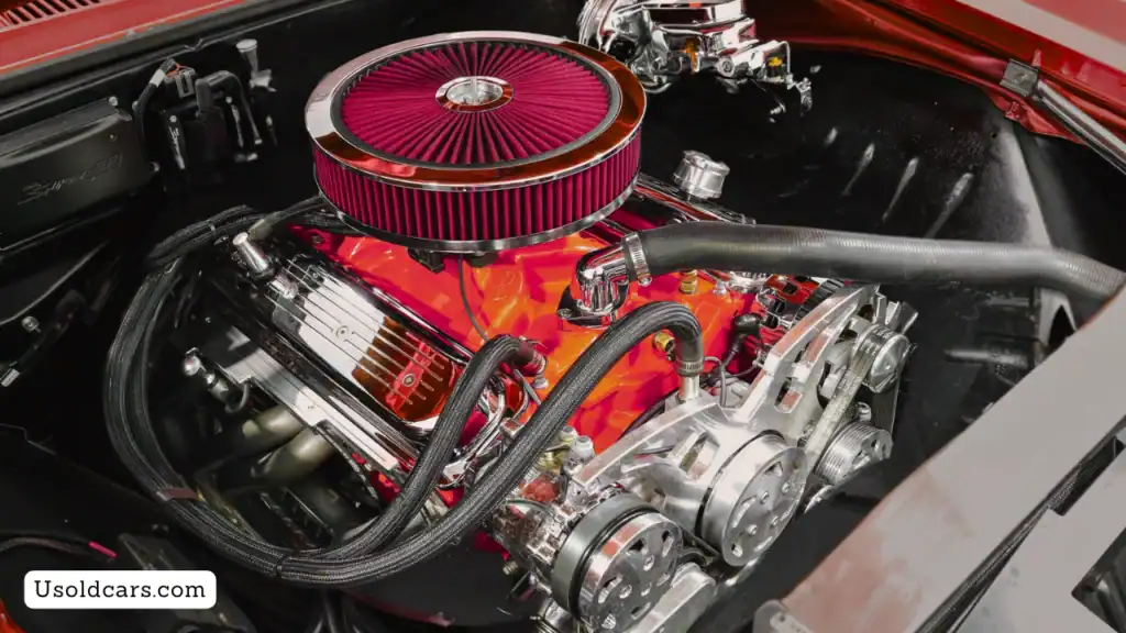 Classic car engine rebuild in progress, showcasing detailed mechanical restoration