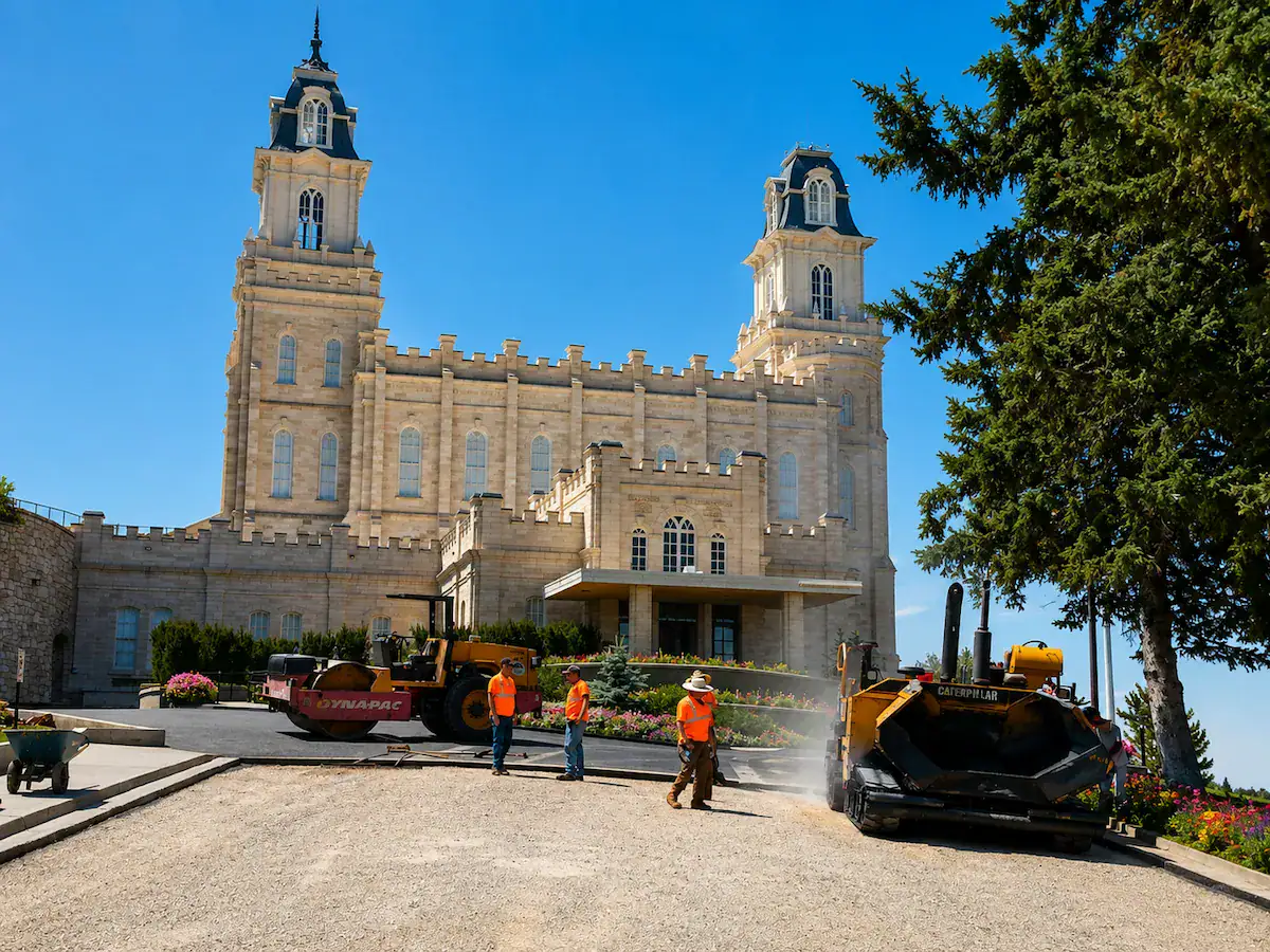 Asphalt paving crew working near historic temple building in Utah