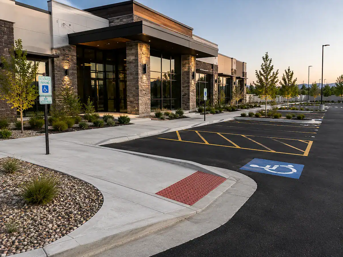 ADA-compliant concrete ramp and sidewalk connected to a freshly paved asphalt parking lot in Utah.