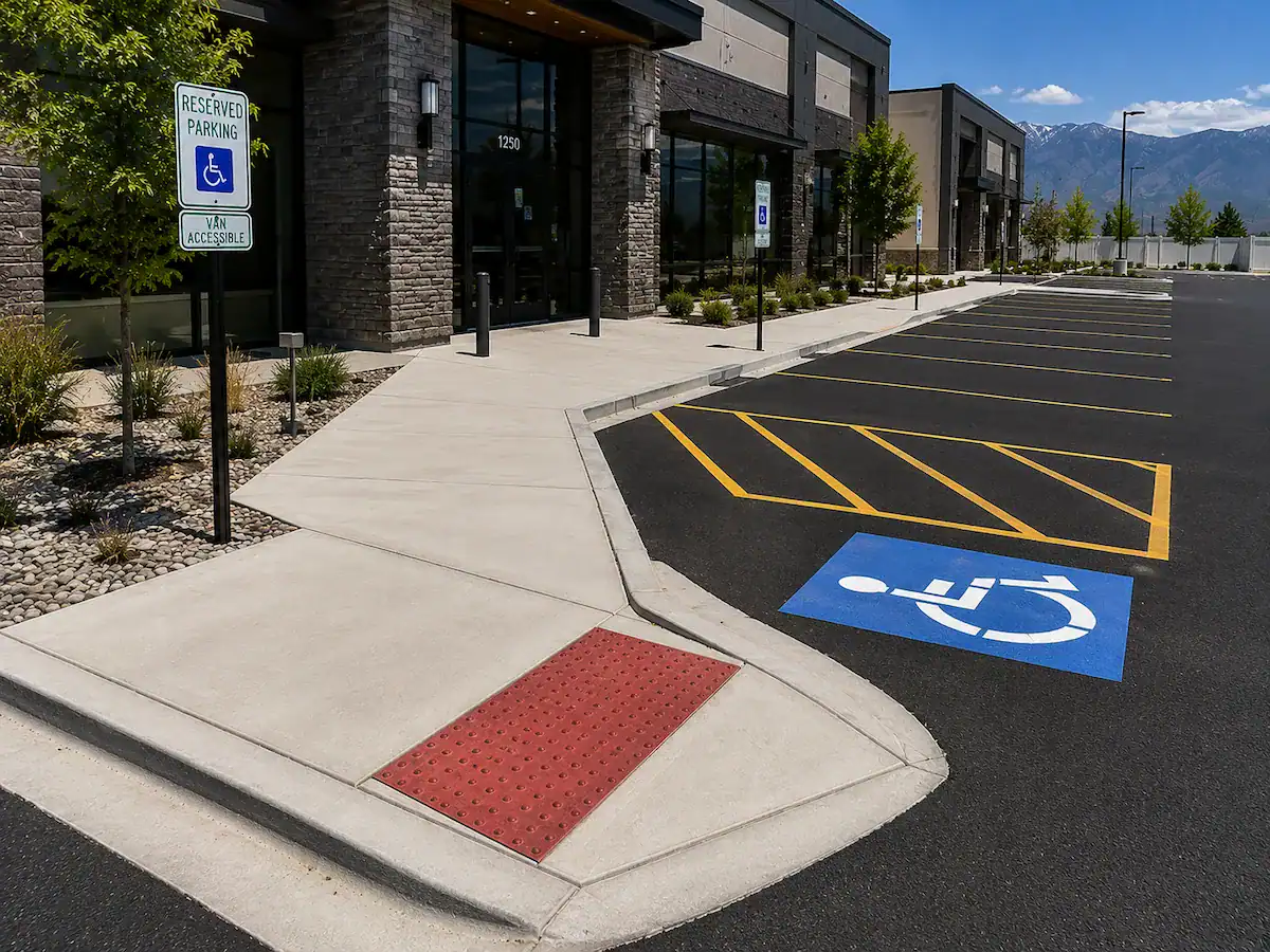 ADA-compliant concrete ramp connecting a sidewalk to a freshly paved asphalt parking lot in Utah.