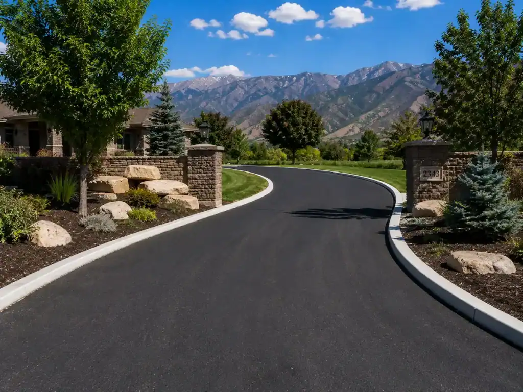 Residential asphalt driveway with concrete curbing and mountain views in Utah.
