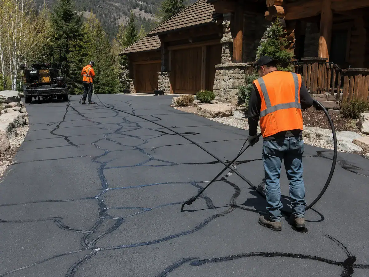 Crack sealing crew repairing an asphalt driveway at a Utah mountain cabin