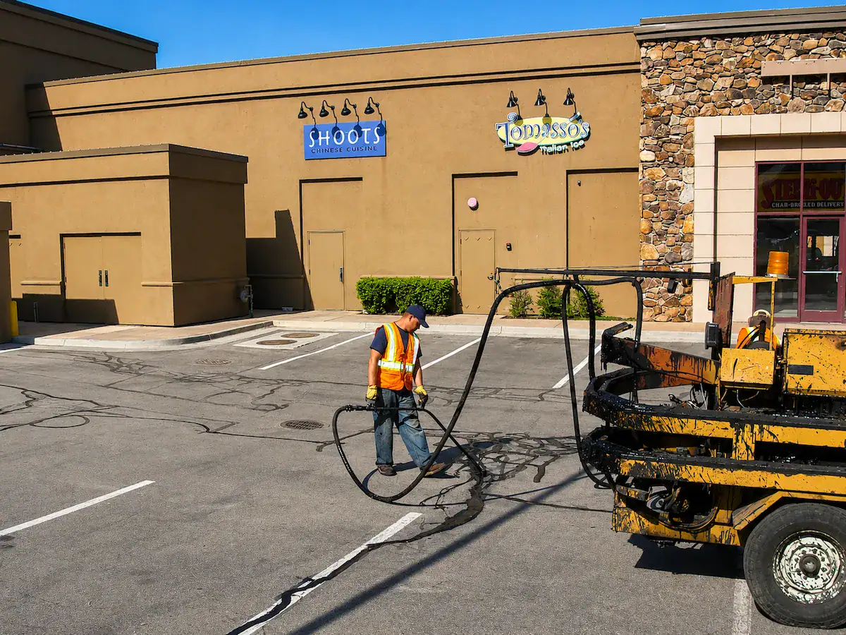 Commercial parking lot crack sealing project at a Utah retail center