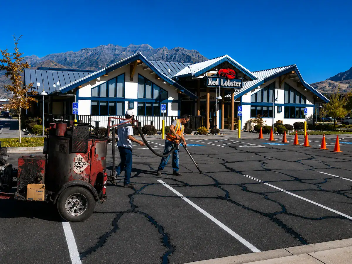 Commercial parking lot crack sealing project at a Utah restaurant with mountain views in the background