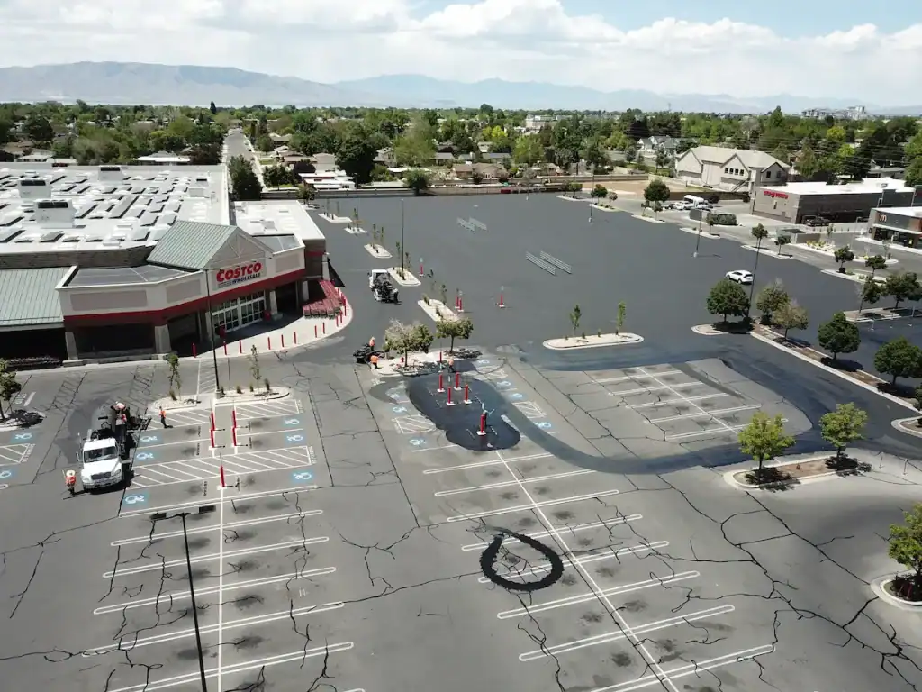 Commercial parking lot sealcoating project at Costco in Utah