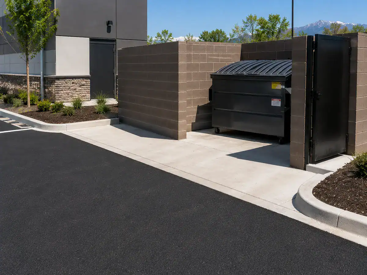 Concrete dumpster pad and enclosure adjacent to a freshly paved asphalt parking lot in Utah.