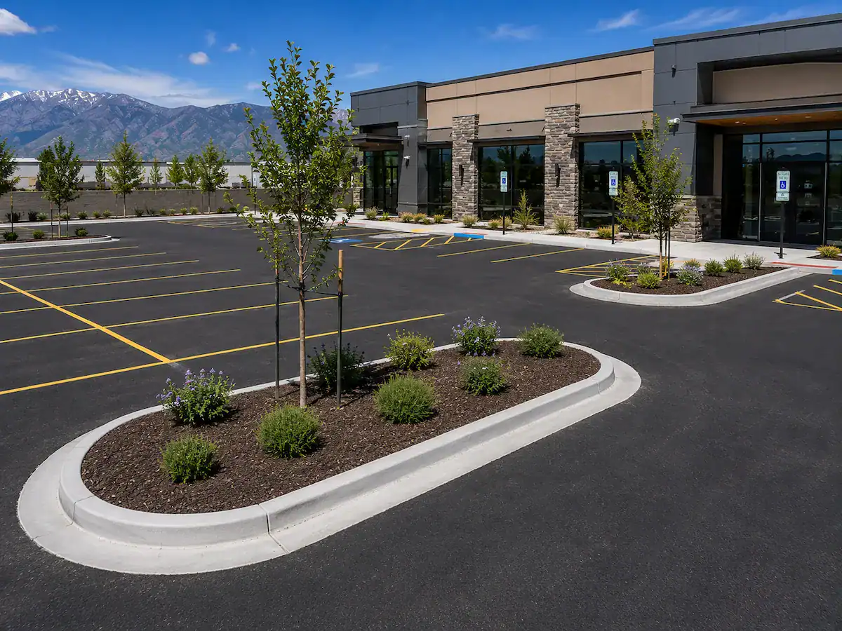 Fresh concrete landscape island surrounded by new asphalt paving at a commercial property in Utah.