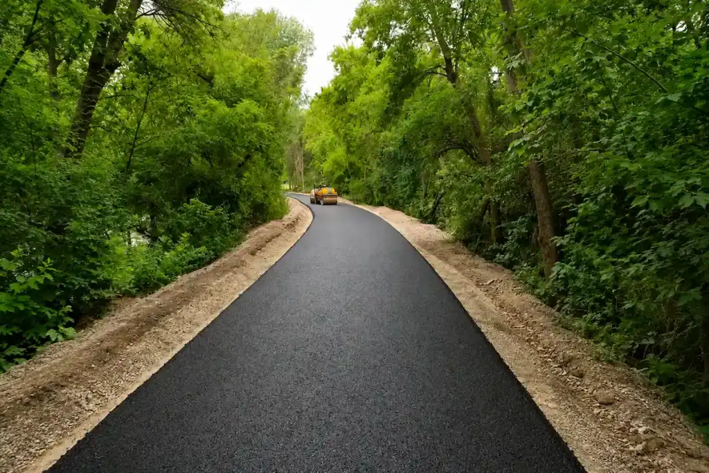 Fresh pavement on a private road surrounded by trees
