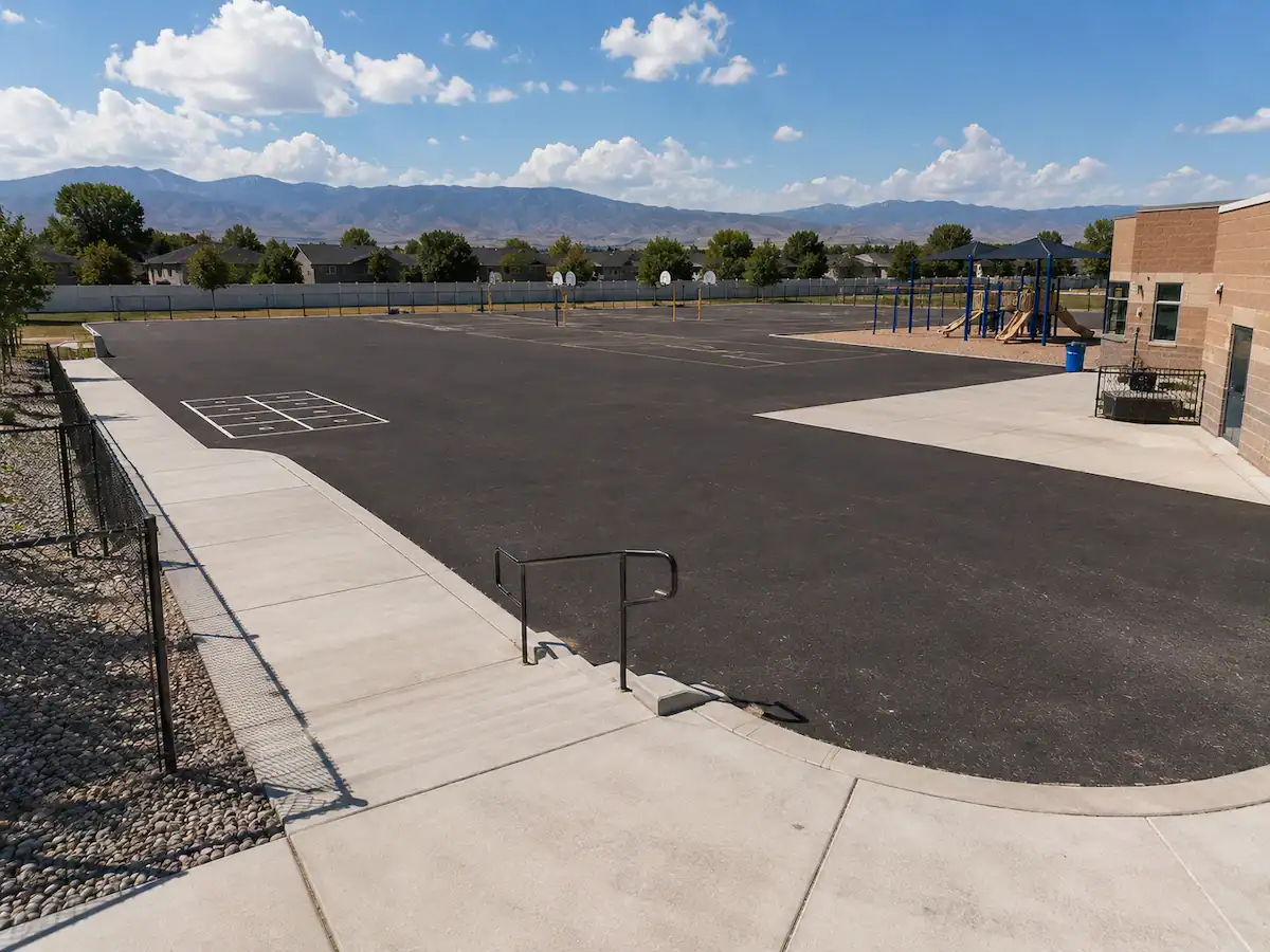 Elementary school playground in Utah featuring a large asphalt recreation area, concrete sidewalks, and play equipment.