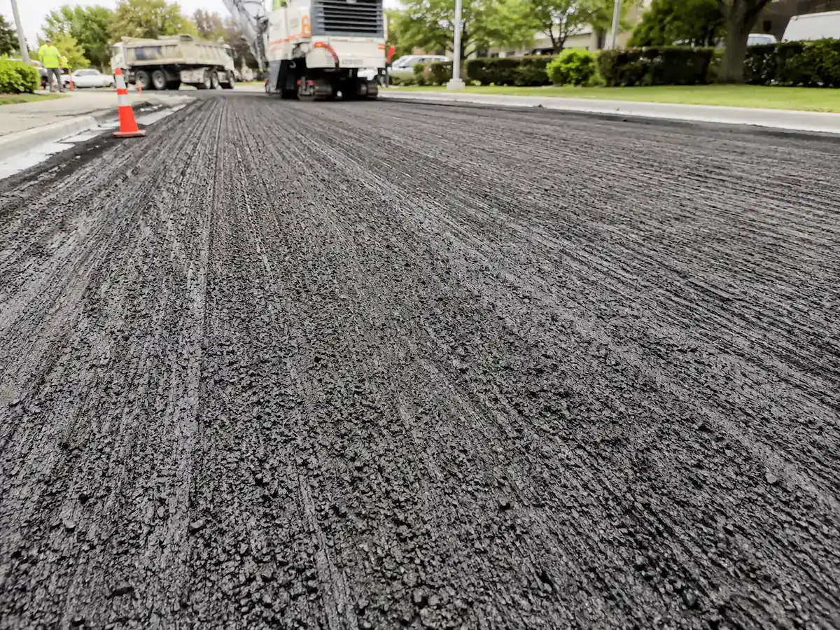 Close-up of freshly milled asphalt surface in Utah before resurfacing