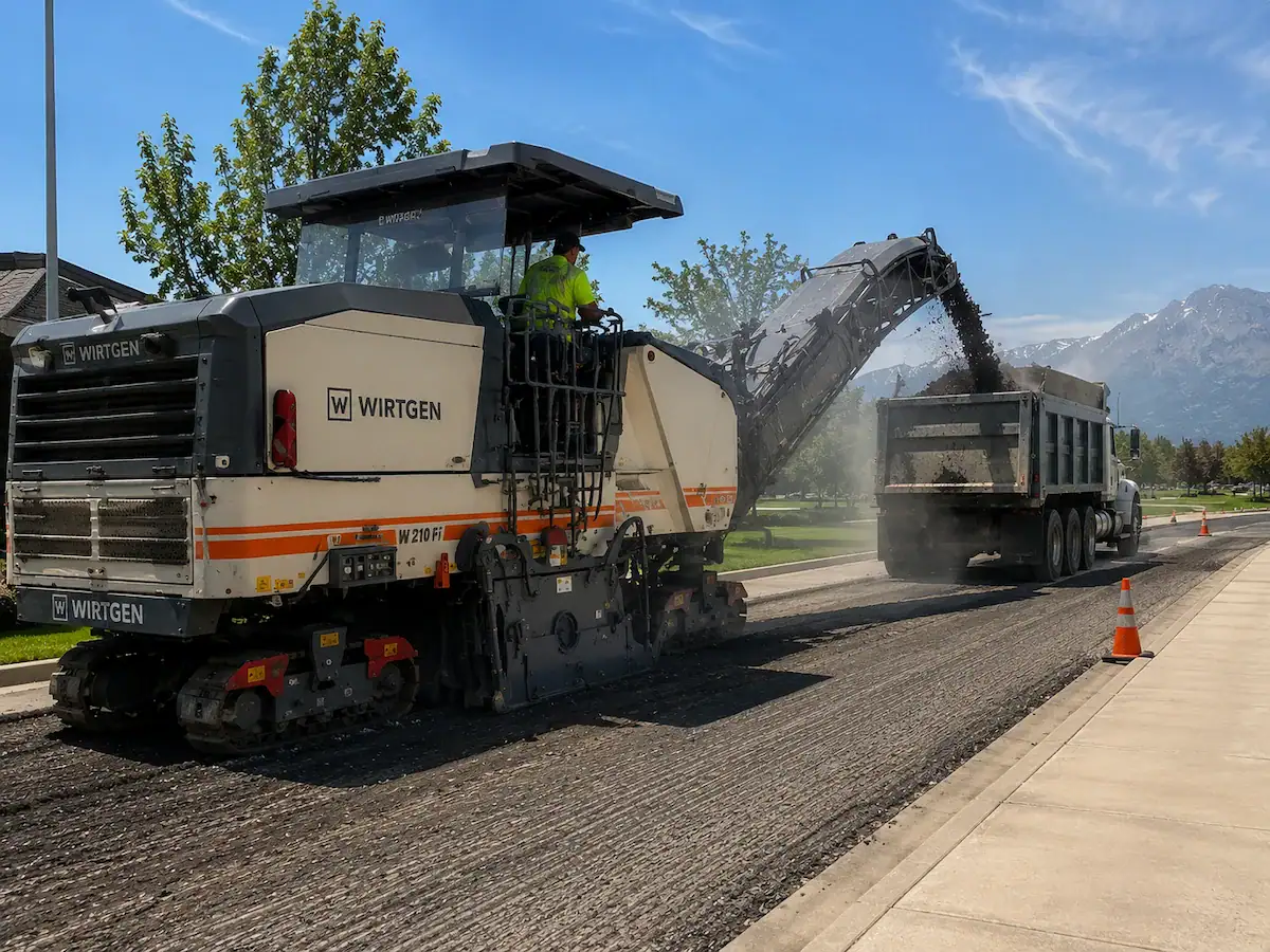 Asphalt milling machine removing worn pavement in Utah