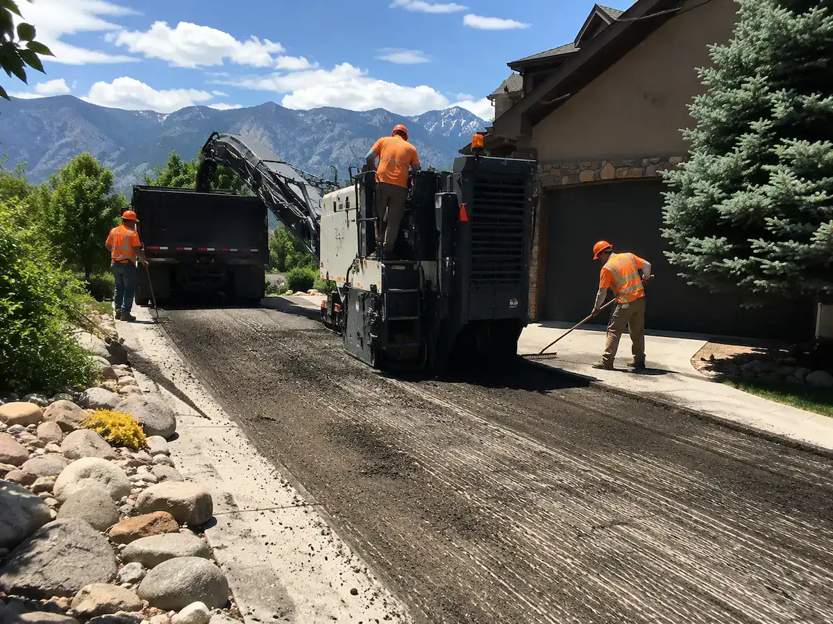 Asphalt driveway milling project in Utah with construction crew preparing pavement for resurfacing