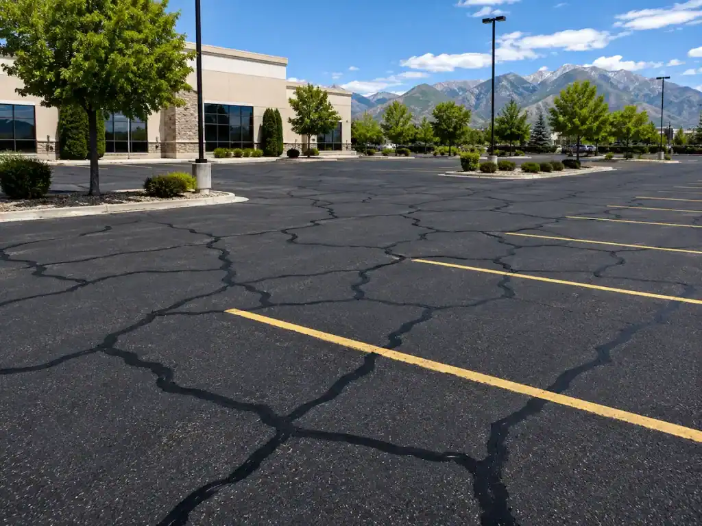 Fresh crack sealing completed on an older commercial parking lot in Salt Lake City, Utah.