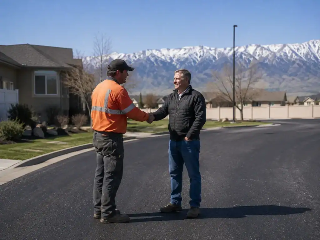 Asphalt paving crew member shaking hands with a customer in Utah
