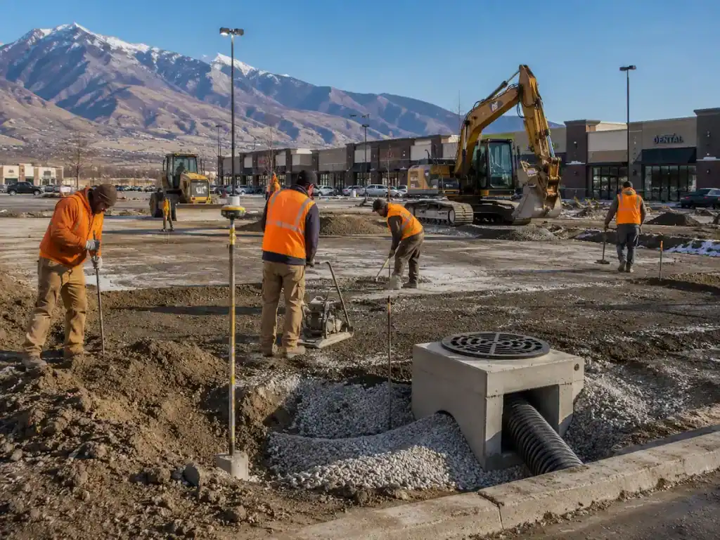Construction crew in orange safety vests grading a commercial parking lot and preparing drainage before asphalt paving in Utah.
