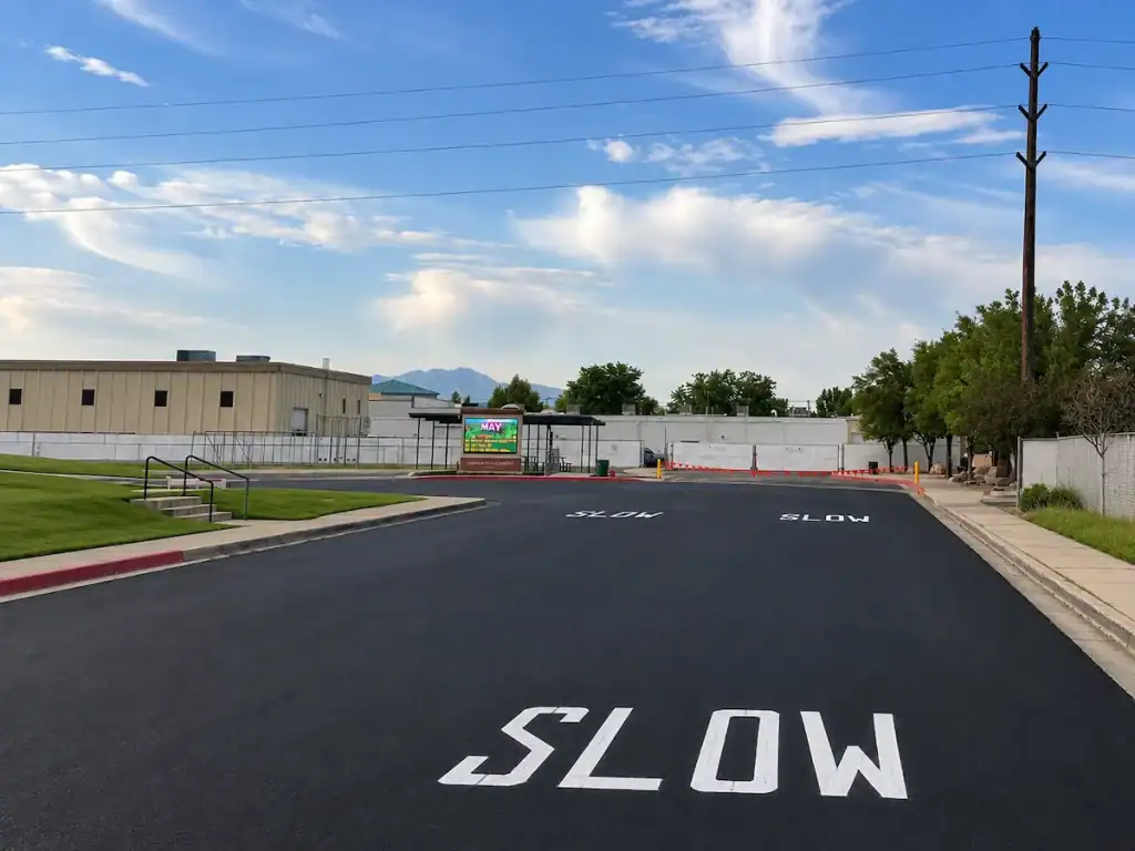 After photo of freshly sealcoated asphalt with bright new SLOW pavement markings at Timpanogos Academy in Lindon, Utah.