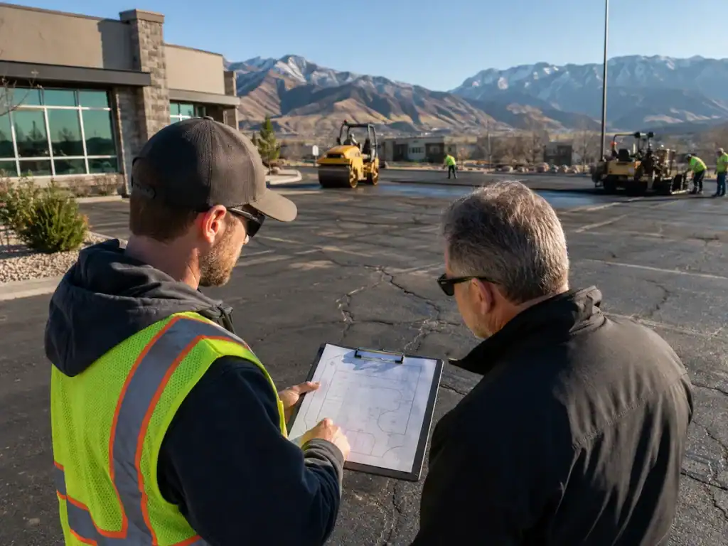 Utah paving contractor reviewing an asphalt estimate at a commercial paving project