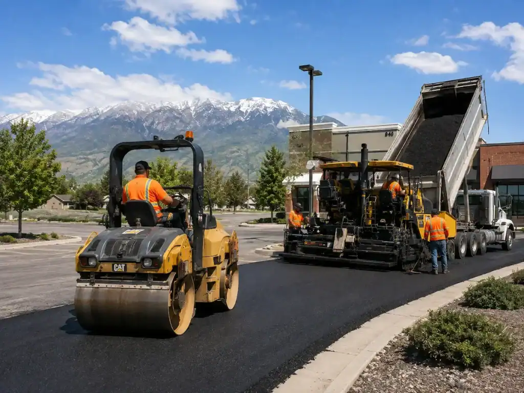 Utah asphalt paving contractor using professional paving equipment to install and compact fresh asphalt.