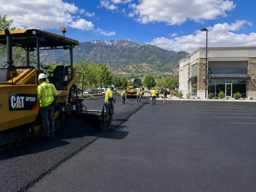 Utah paving company crew installing fresh asphalt on a commercial parking lot with professional paving equipment.
