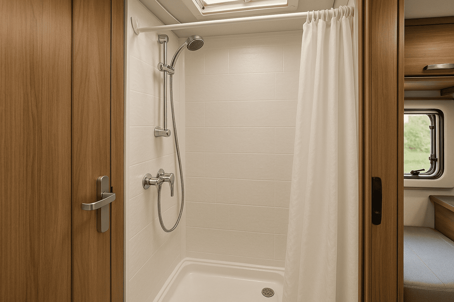 Douche compacte à l’intérieur d’un camping-car, avec parois claires et un rideau de douche souple partiellement fermé.