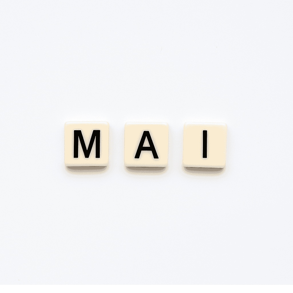Mot « MAI » formé avec des lettres de type Scrabble beiges sur fond blanc minimaliste, représentant le mois de mai pour un article voyage « Où aller en Europe en mai ».