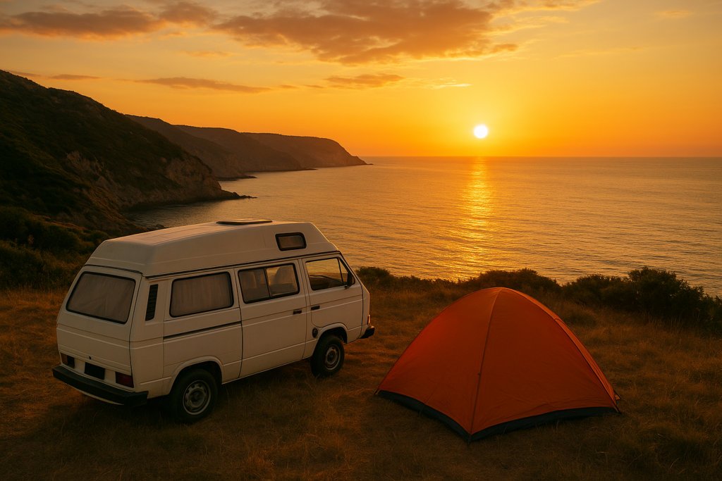 Van aménagé garé au bord de falaises sur la côte italienne, avec vue sur la mer.