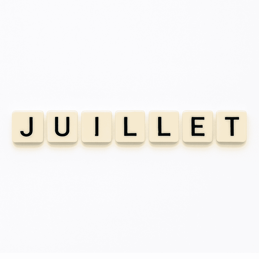Mot « juillet » formé avec des lettres de type Scrabble beiges sur fond blanc minimaliste, représentant le mois de mai pour un article voyage « Où aller en Europe en juillet ».