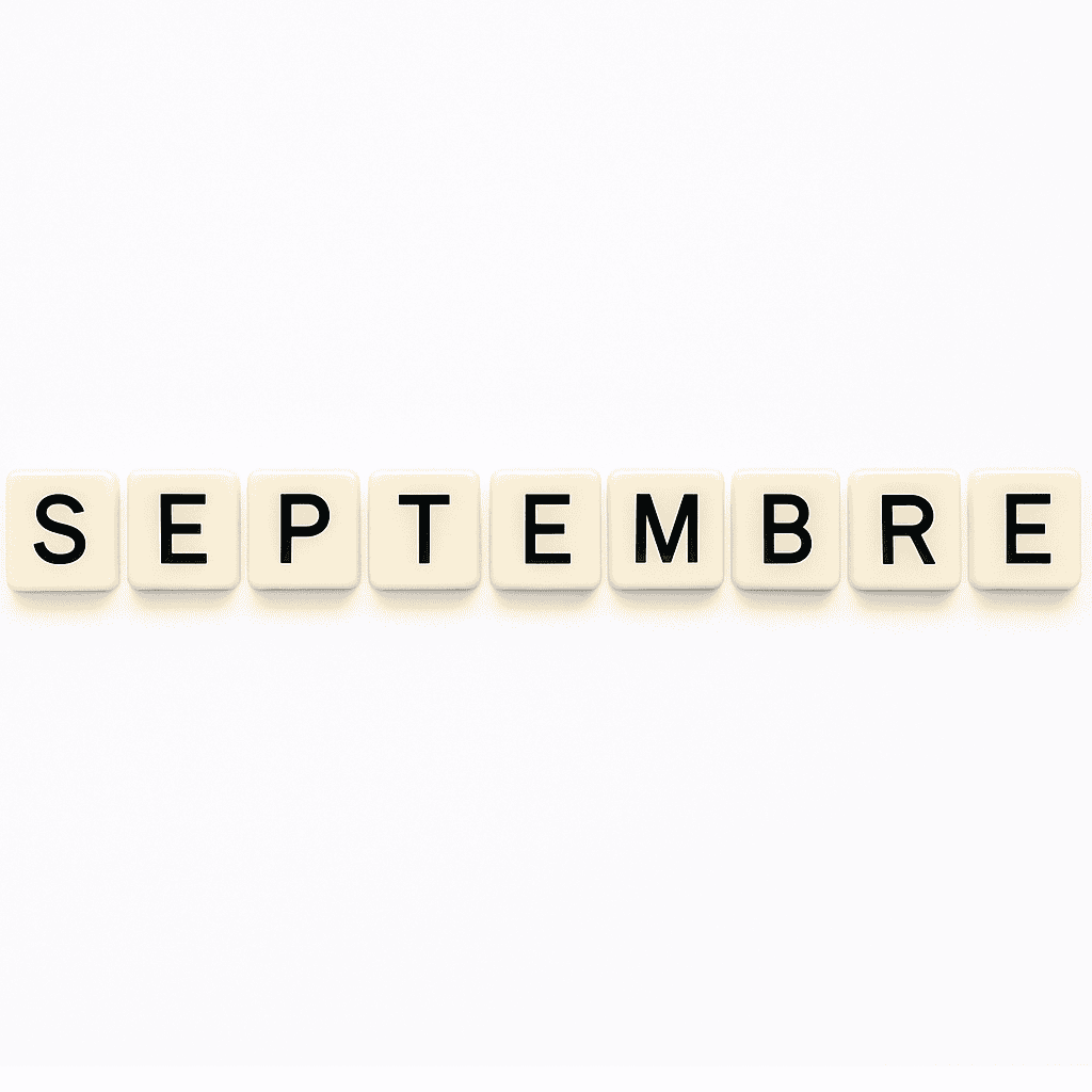 Mot « septembre » formé avec des lettres de type Scrabble beiges sur fond blanc minimaliste, représentant le mois de mai pour un article voyage « Où aller en Europe en septembre ».