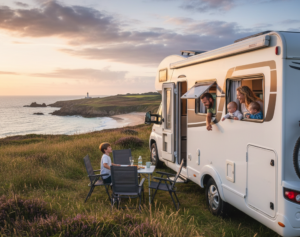 Photographie réaliste d'un voyage en camping-car en Bretagne : une famille regarde le paysage côtier depuis les fenêtres du véhicule garé devant une plage sauvage et des landes de bruyère au crépuscule.