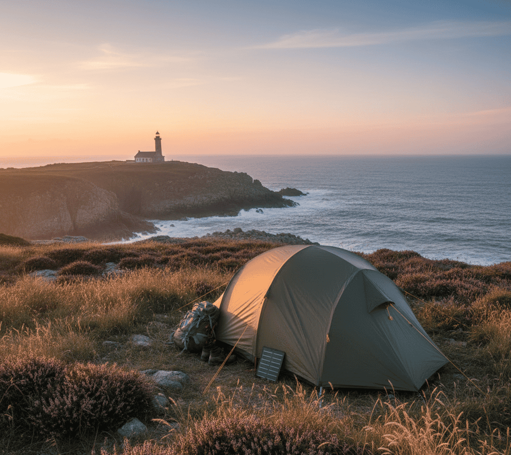 Tente de randonnée installée sur une falaise en Bretagne au lever du soleil, avec vue sur un phare historique et l'océan Atlantique au milieu de la bruyère.