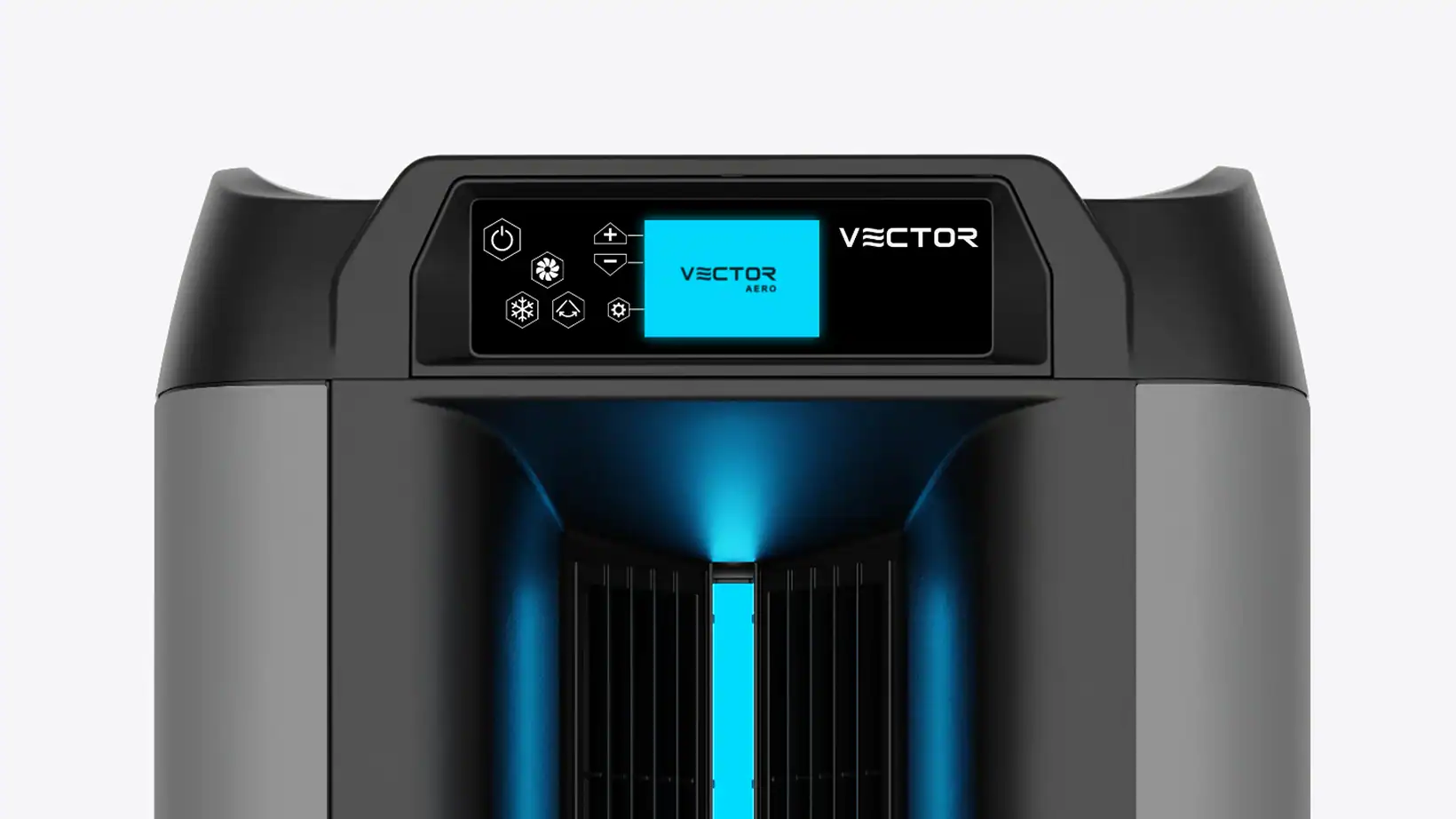 Close-up front view of the Aero evaporative cooler’s top control panel and vent design