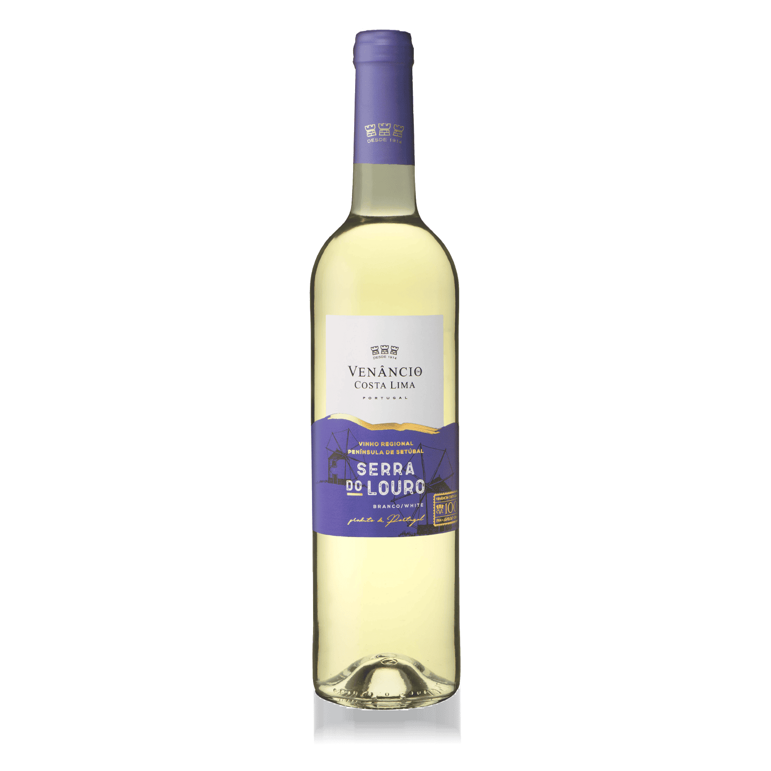 Vinho branco Serra do Louro da Vinância da Costa Lima, região da Península de Setúbal, Portugal, em garrafa elegante com rótulo azul e detalhes dourados, ideal para apreciadores de vinhos regionais e de alta qualidade.