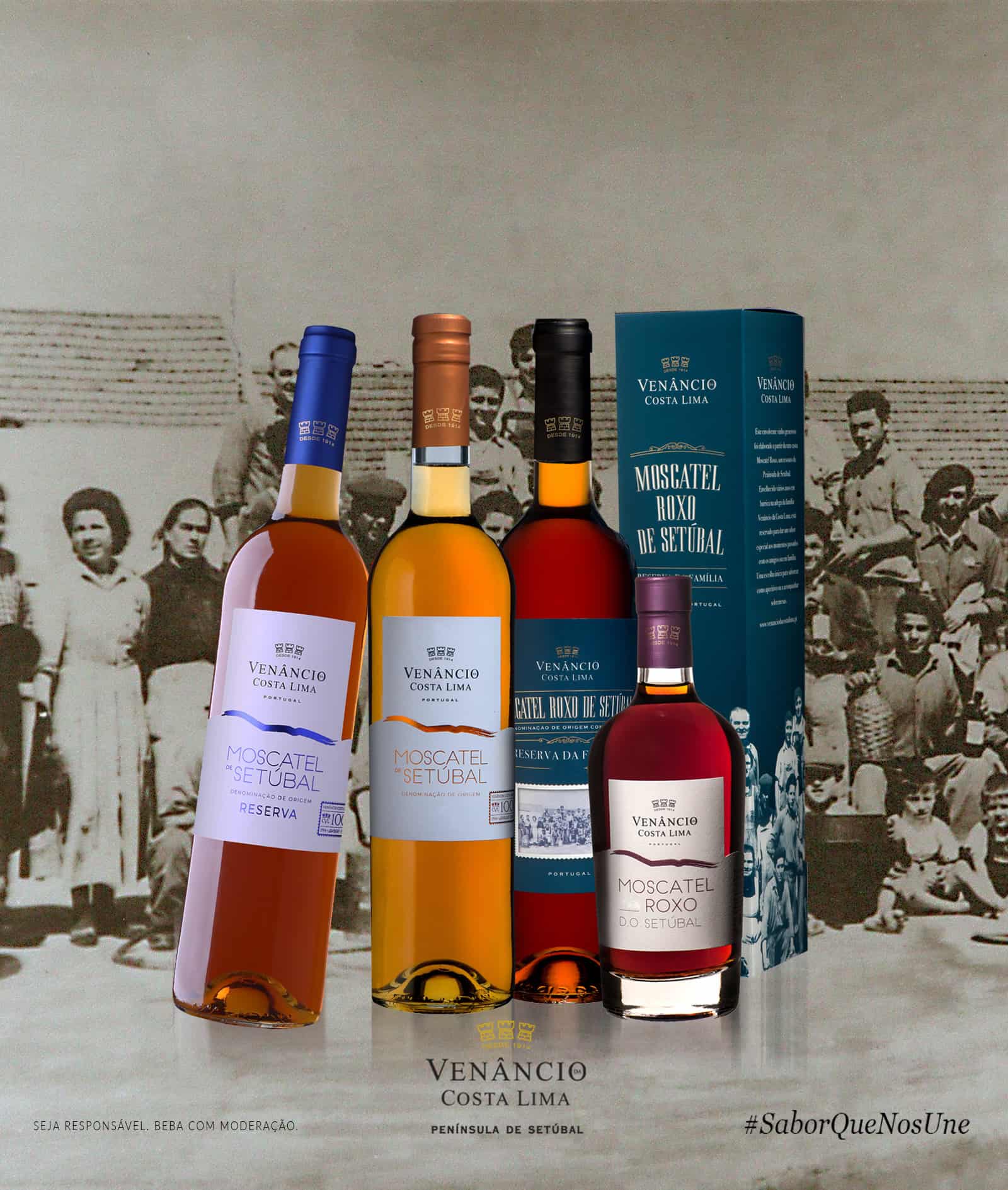 Moscatel de Setúbal, vinho de reserva e moscatel rosé de Setúbal da Vinâncio da Costa Lima, destaque para a qualidade e tradição da região do Sado, com a embalagem elegante e diferentes variedades de vinhos de origem portuguesa.