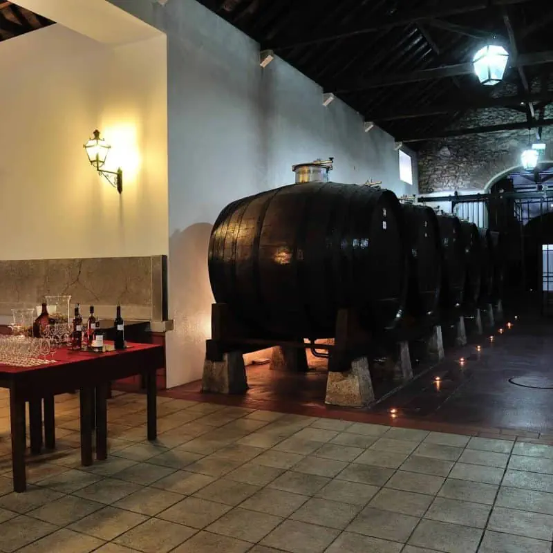 Imagem de adega tradicional com barris de vinho envelhecido, ambiente acolhedor com iluminação suave, ideal para degustação de vinhos na Vinícola Venâncio da Costa Lima, reconhecida pela excelência em produção vínica.