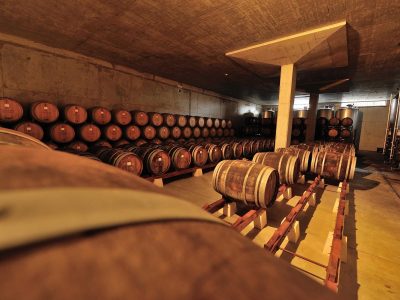 Tonel de vinho tinto na adega de envelhecimento da Vinícola Venâncio da Costa Lima, destacando a tradição e qualidade na produção de vinhos em Portugal.