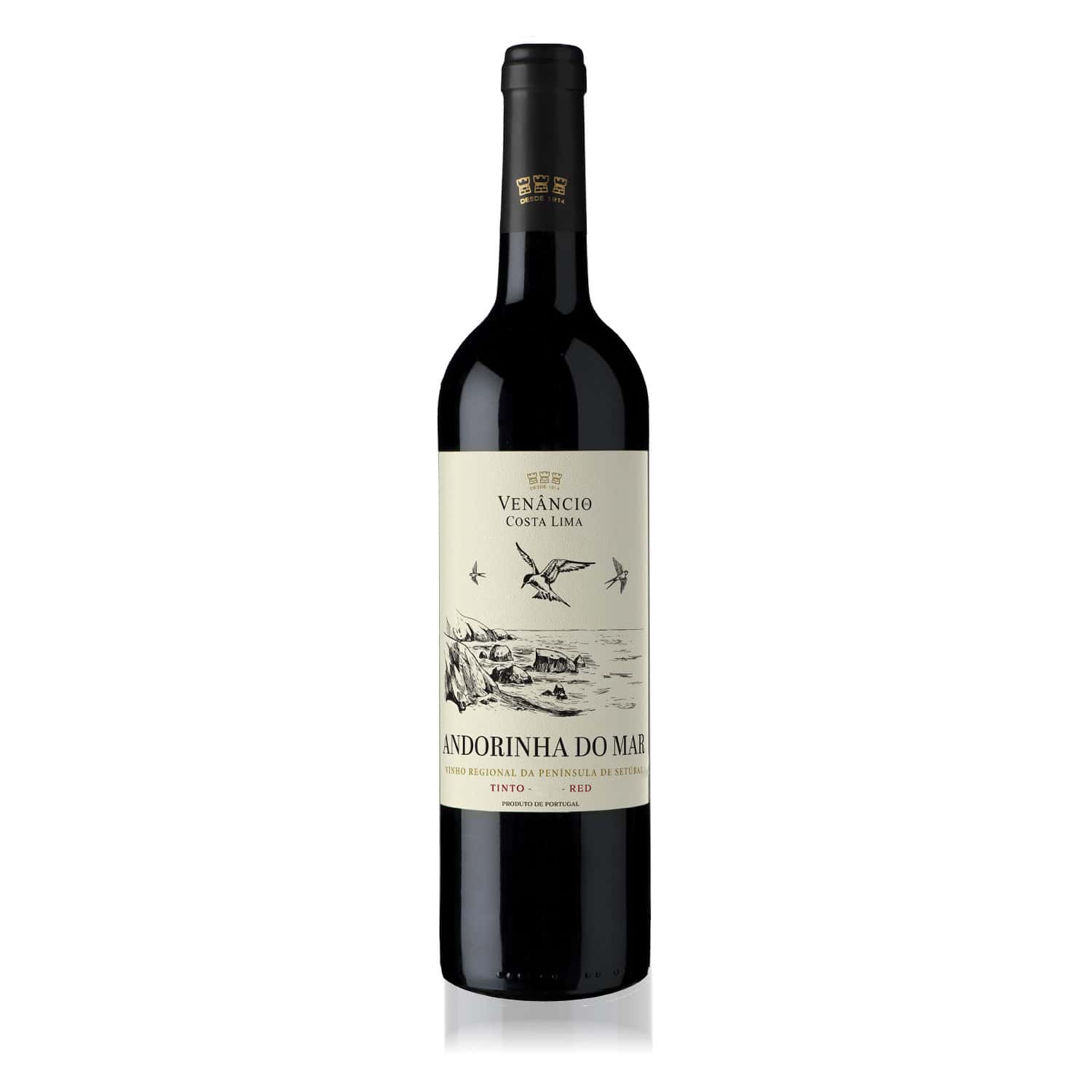 Vinho tinto Andorinha do Mar de Venâncio da Costa Lima, região da Península de Setúbal, Portugal, rótulo sofisticado, ideal para amantes de vinhos portugueses de qualidade premium.