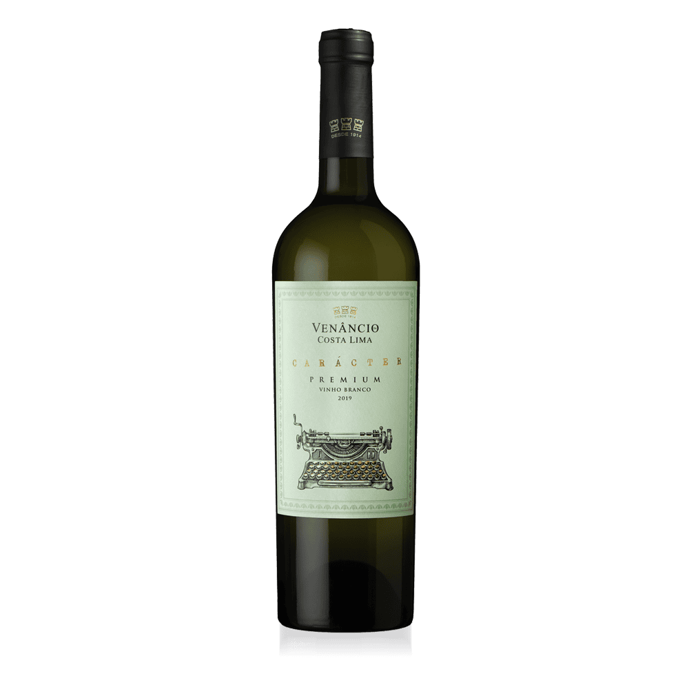 Vinho branco Venâncio Costa Lima, garrafa com rótulo clássico, destaque para a typografia e ilustração de máquina de escrever, promovendo a elegância e tradição da marca.