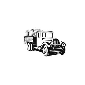 Vintage caminhão de vinho preto e branco carregando barris, representando tradição e história na viticultura, ideal para o site Venâncio da Costa Lima, referência em vinhos e produção de vinho em Portugal.