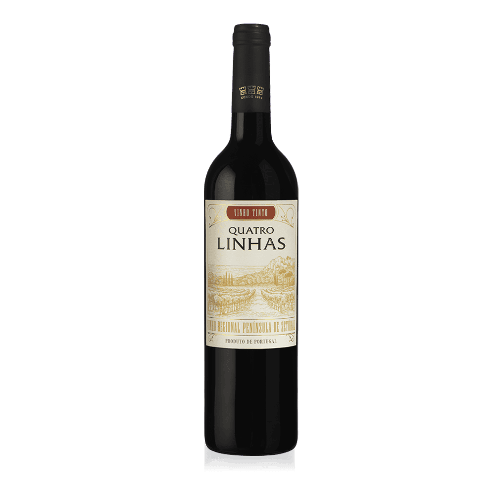 Vinho tinto Quatro Linhas, produzido na Península de Setúbal, Portugal, com uma combinação de sabores intensos e elegantes, ideal para harmonização com diversos pratos portugueses.
