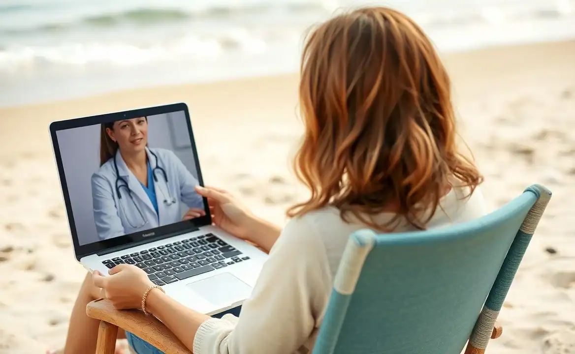 a woman sitting in a beach chair with a laptop in her lap. There is a woman doctor on the laptop screen talking to the woman. In the background is sand and the ocean water.