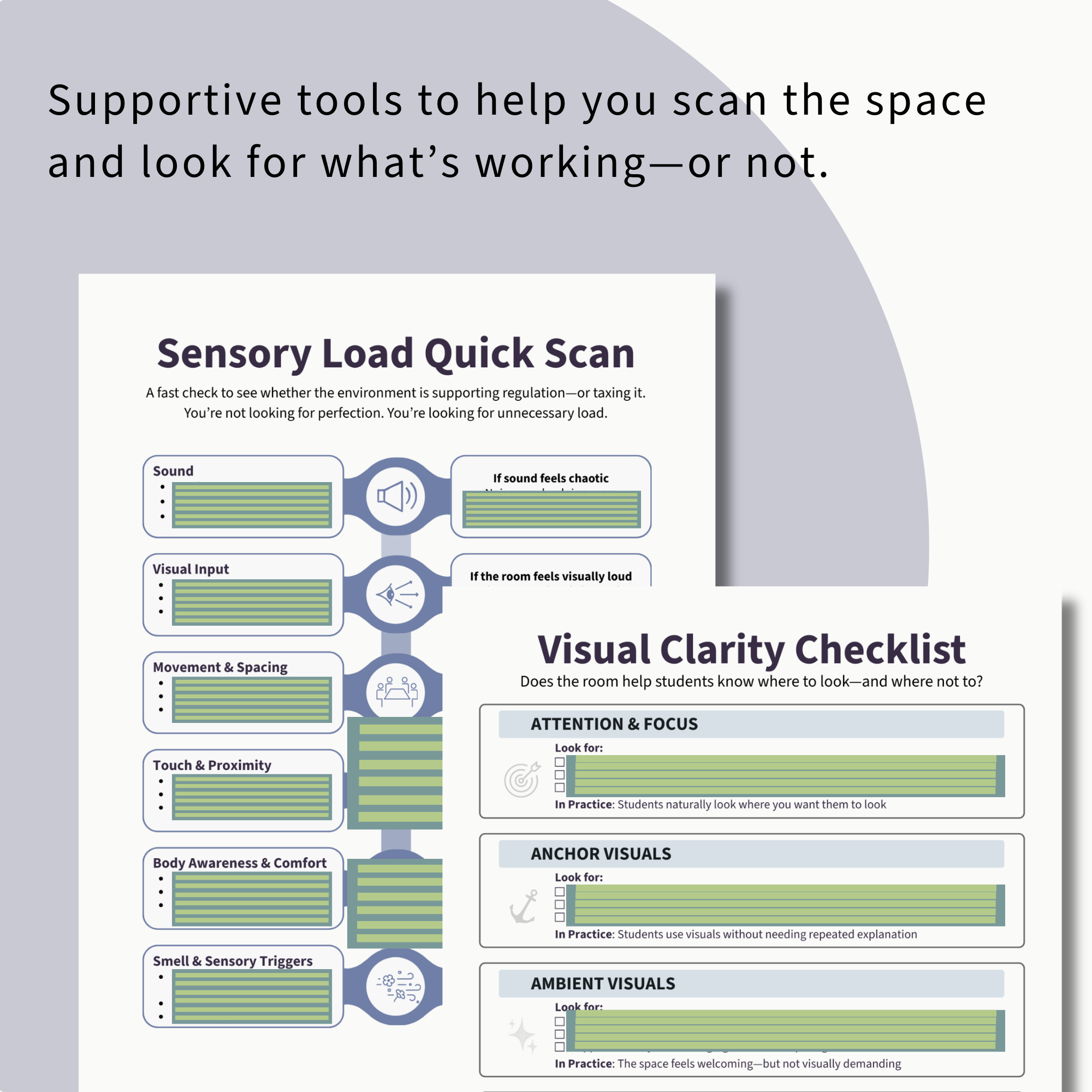 Sensory load quick scan and visual clarity checklist.