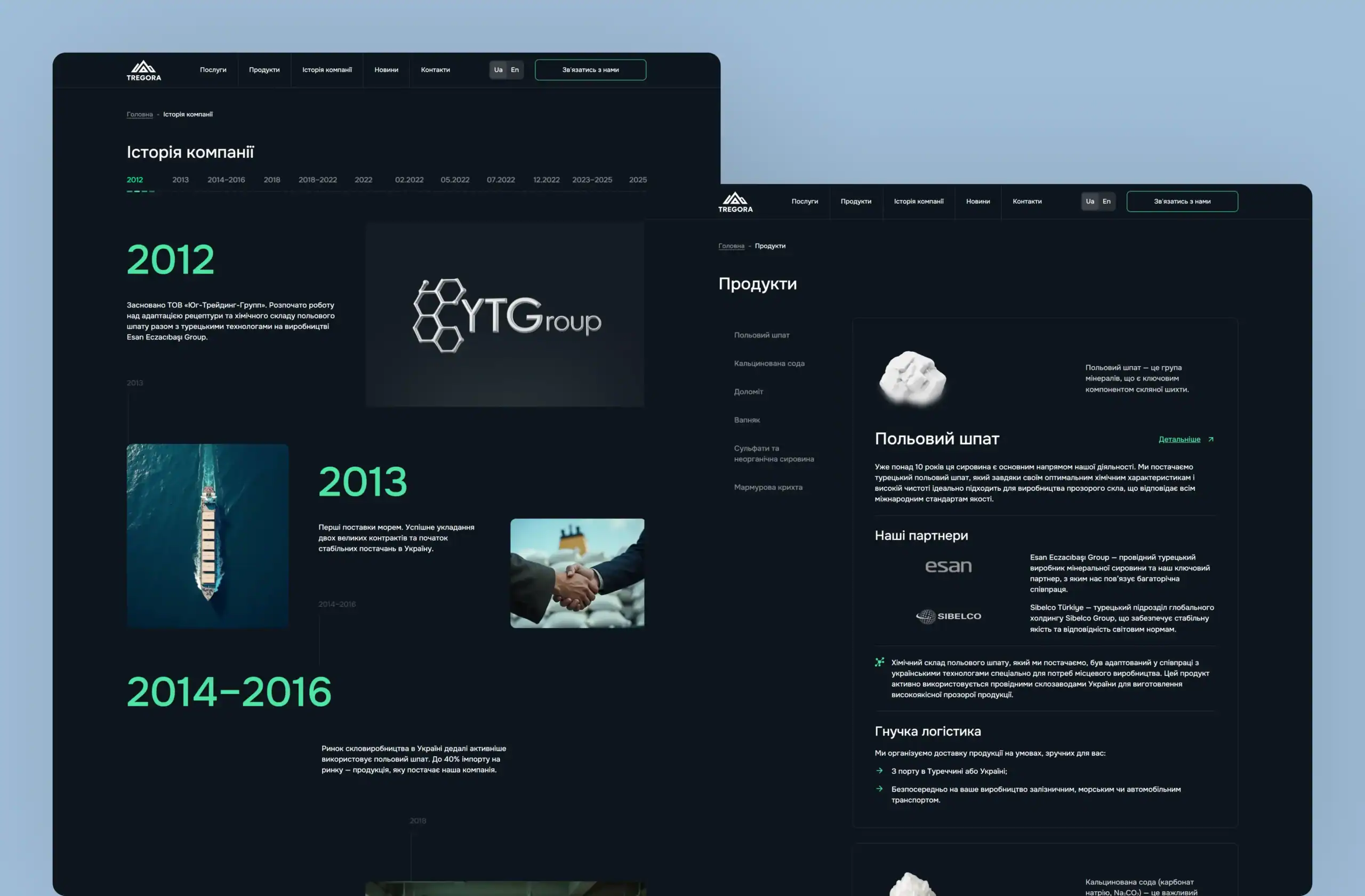 Company history page with a timeline from 2012 and the Products page with the feldspar card and the partners Esan and Sibelco