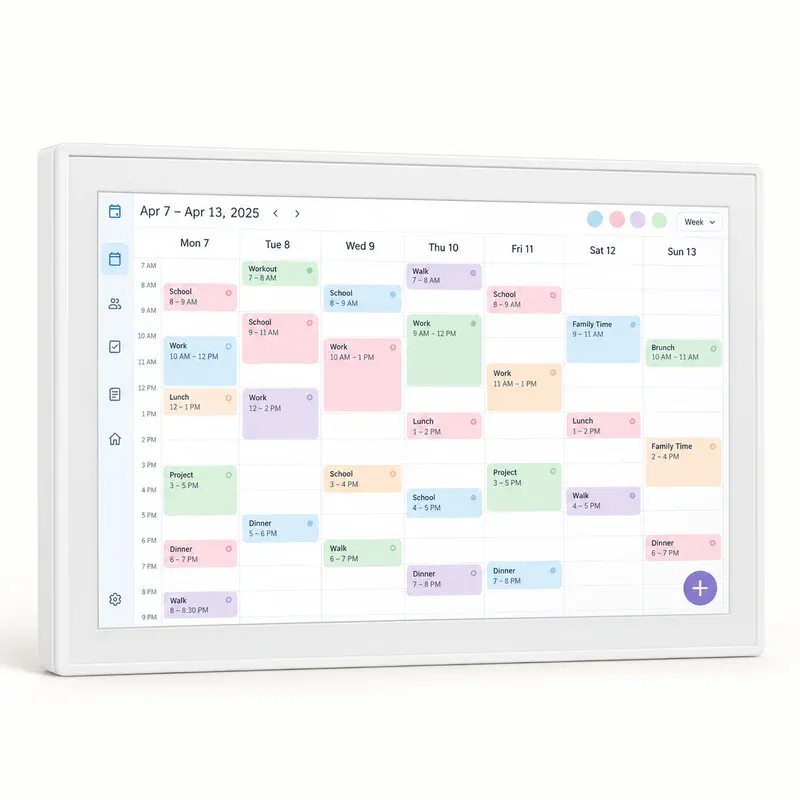 AI illustration of a white digital family calendar displaying a weekly schedule.
