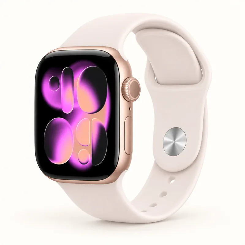 AI illustration of a rose gold smartwatch with a light blush sport band.
