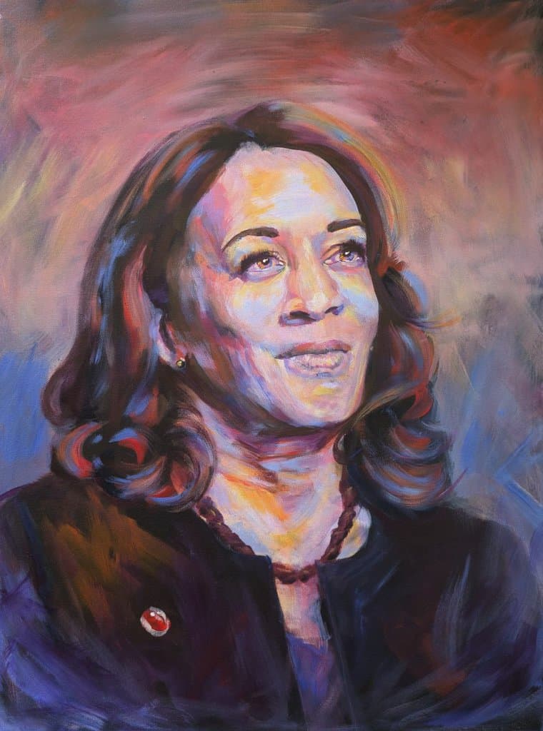 A portrait of Kamala Harris painted in high contrast and vibrant colors