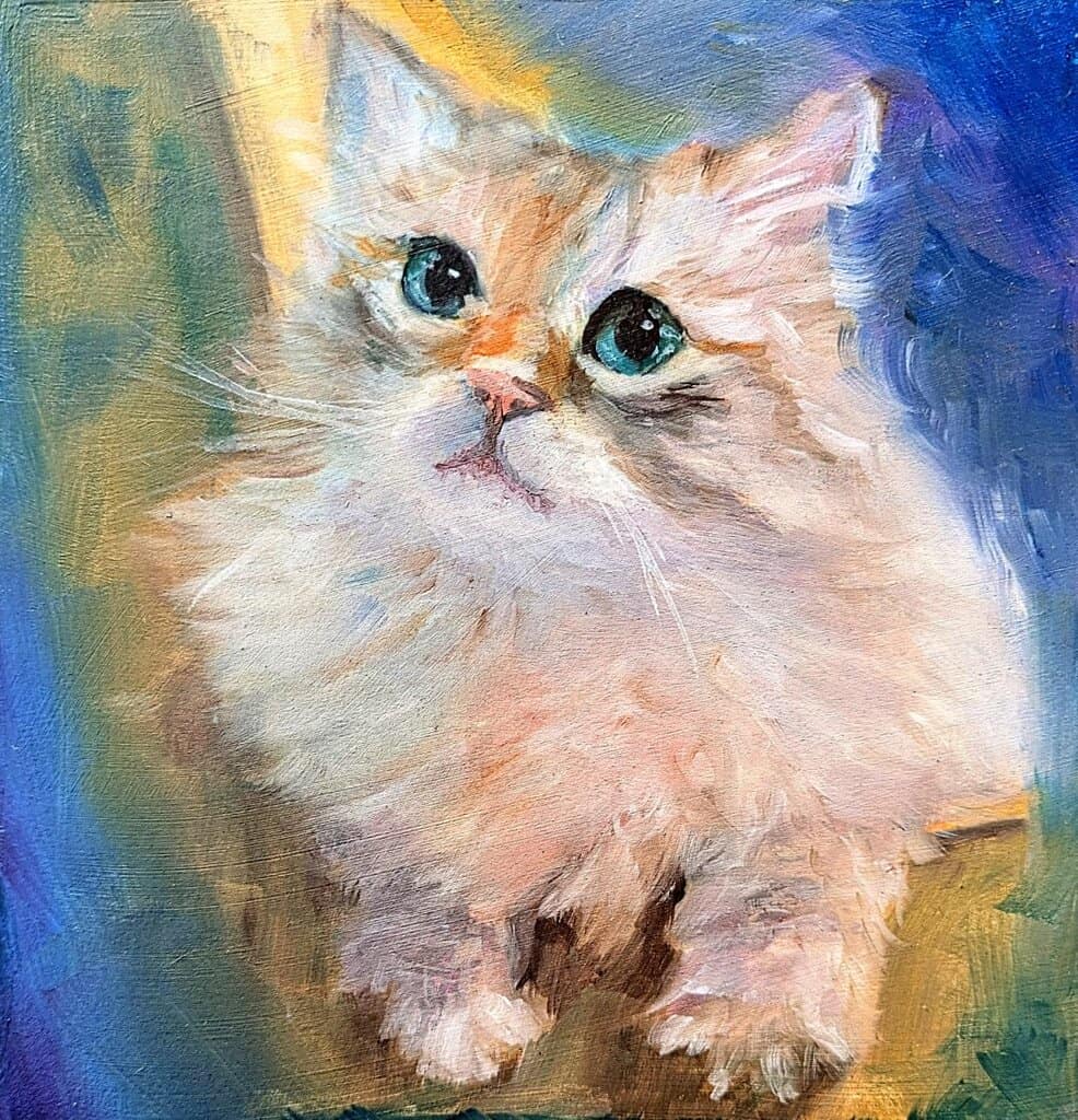 A painted portrait of a cute fluffy cat