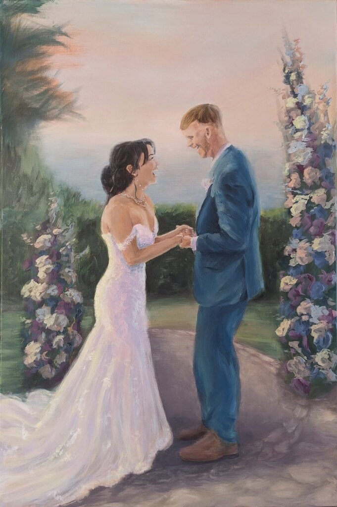 Painting of a bridal couple gazing joyfully at each other at the altar.