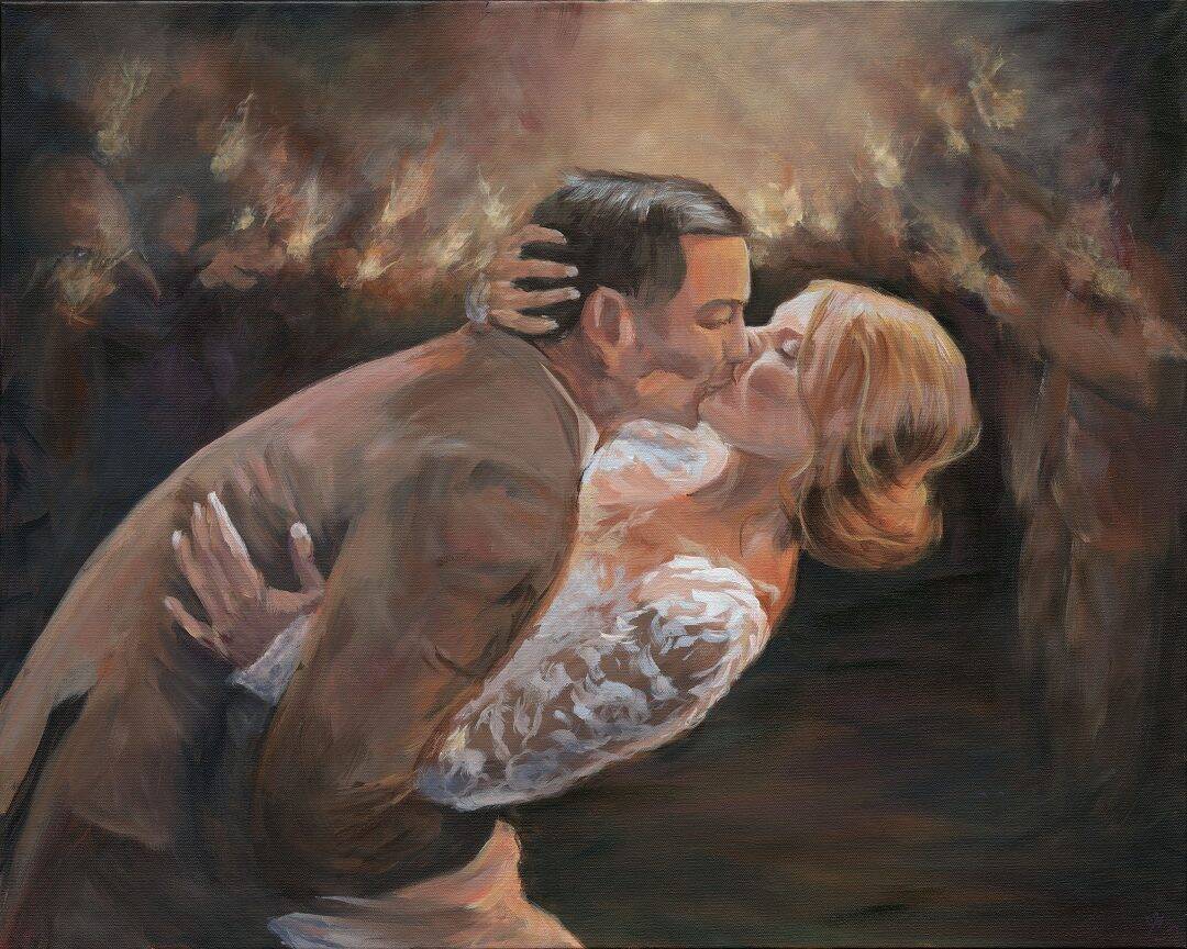 Impressionistic painting of a newlywed couple in a dramatic dip-and-kiss, while a crowd illuminates them with sparklers.